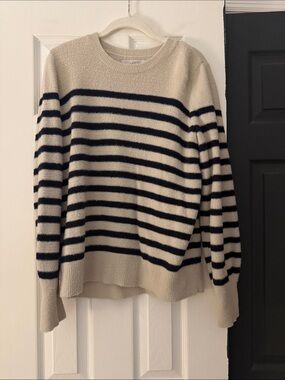 LOFT Cream and Navy Striped Crewneck Sweater